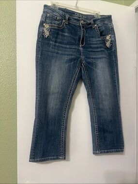 Grace in LA Dark Blue Embroidered Crop Jeans